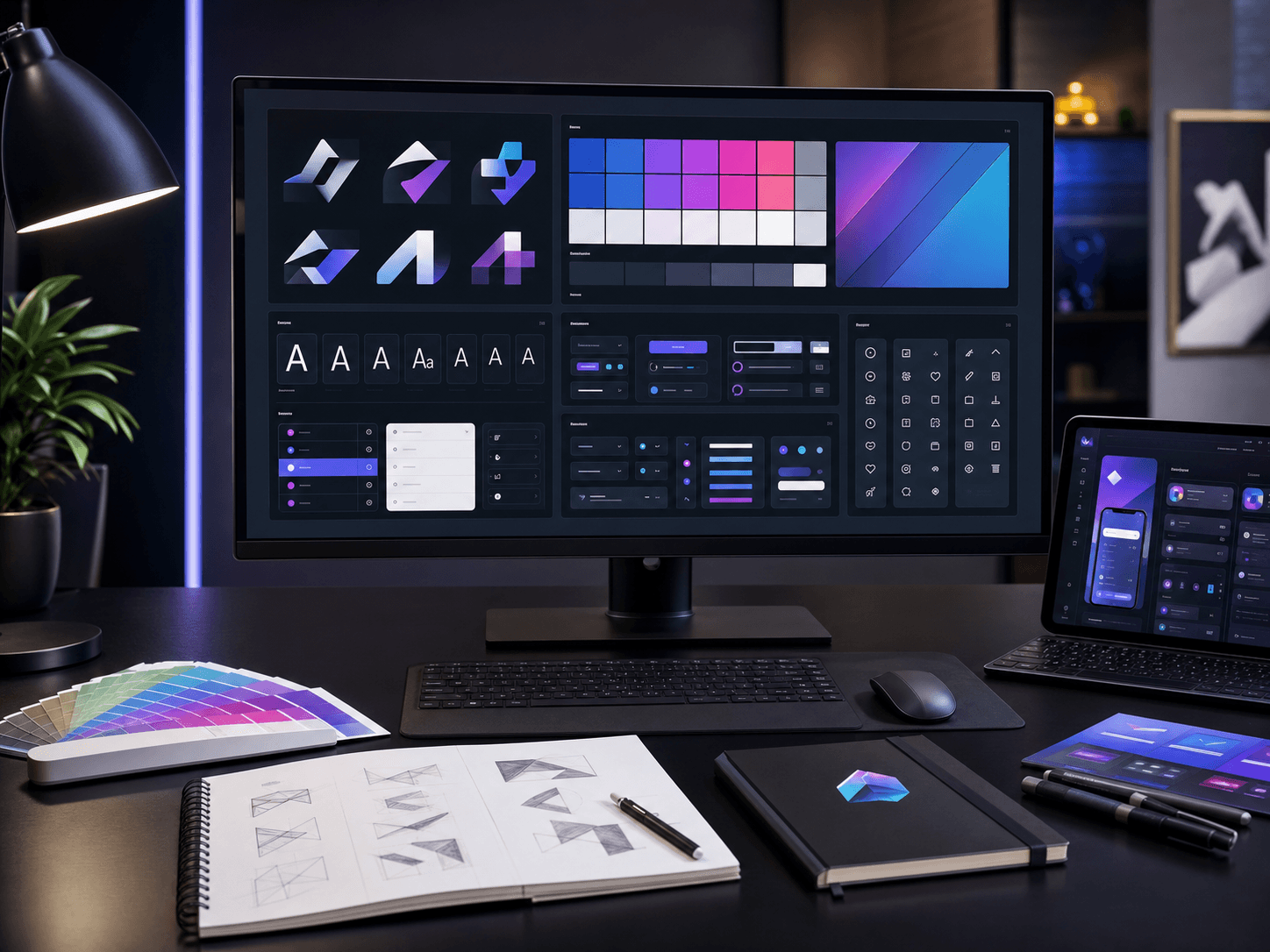 Brand identity board with logo, colours and design system components