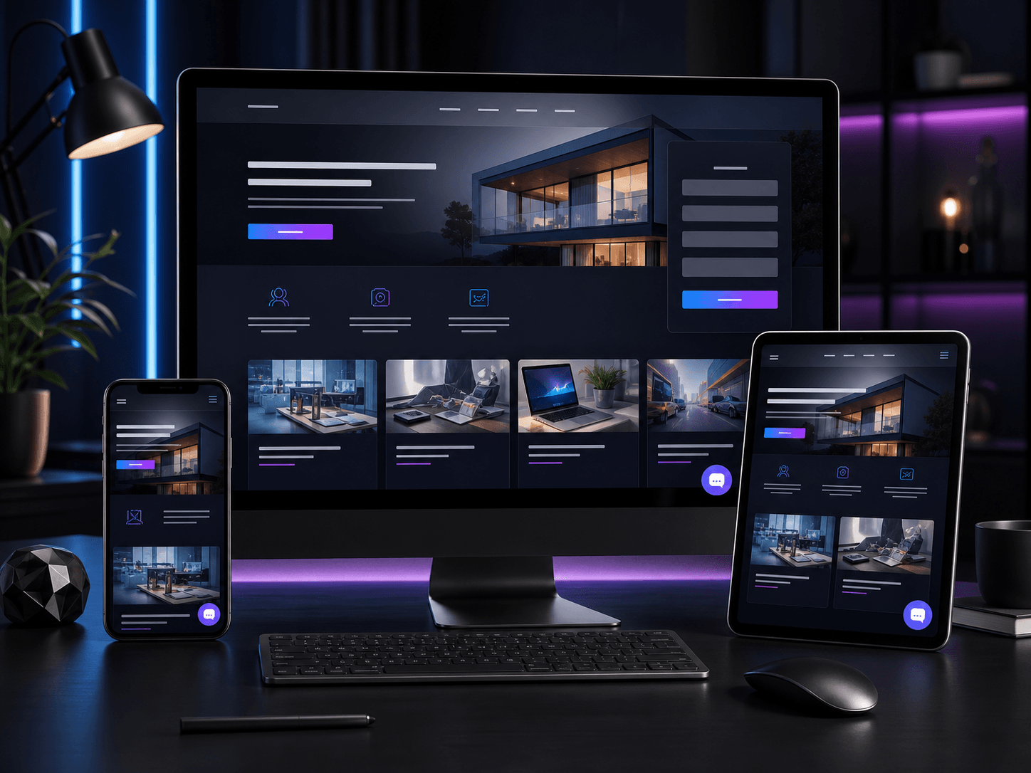 Responsive website mockup with lead capture and mobile layouts