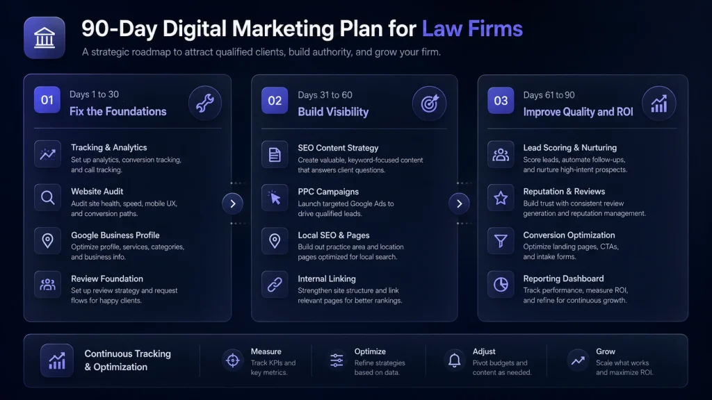 90-day digital marketing plan for law firms with phases for foundations, visibility and growth