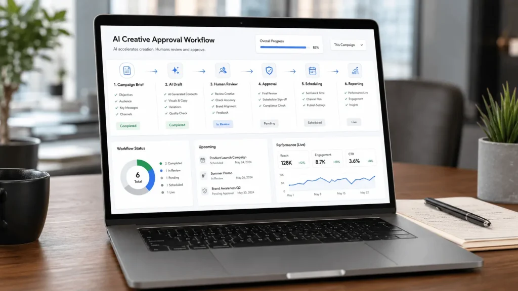 AI automation workflow moving a creative brief through draft, review, approval and scheduling