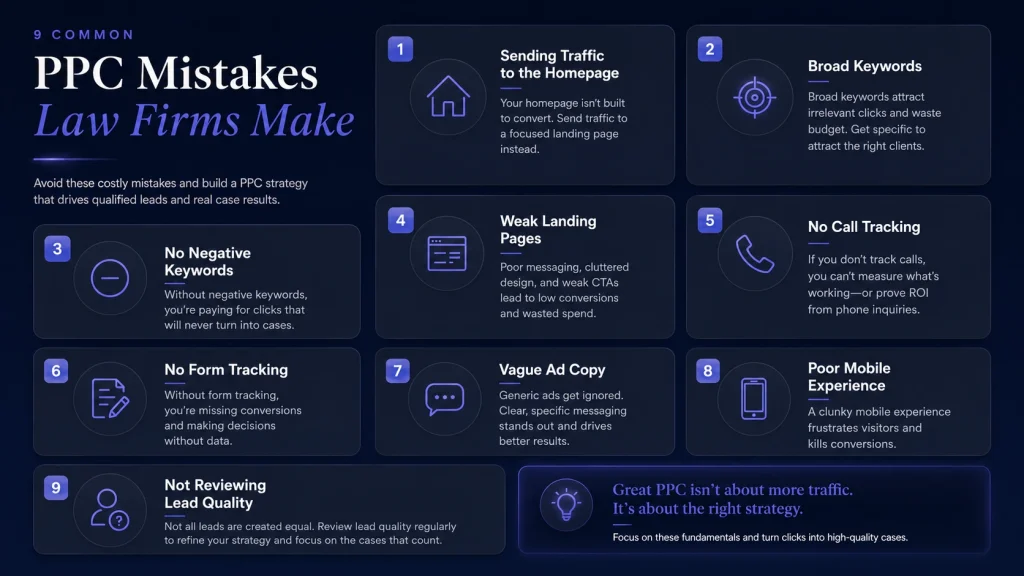 Common PPC mistakes law firms make including broad keywords, weak landing pages, no tracking and wasted ad spend