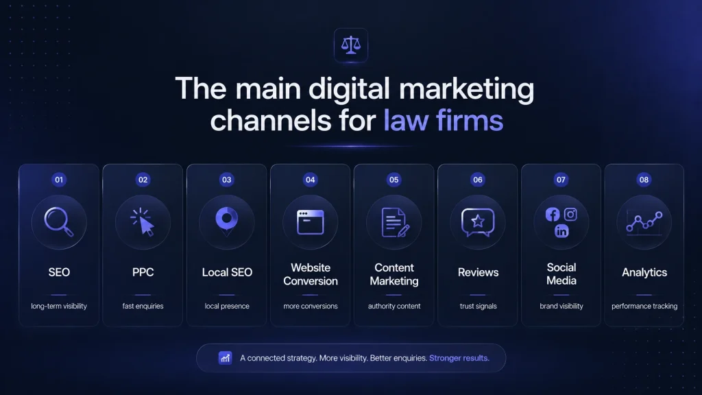 Key digital marketing channels for law firms including SEO, PPC, local SEO, web design, content, reviews, social media and analytics