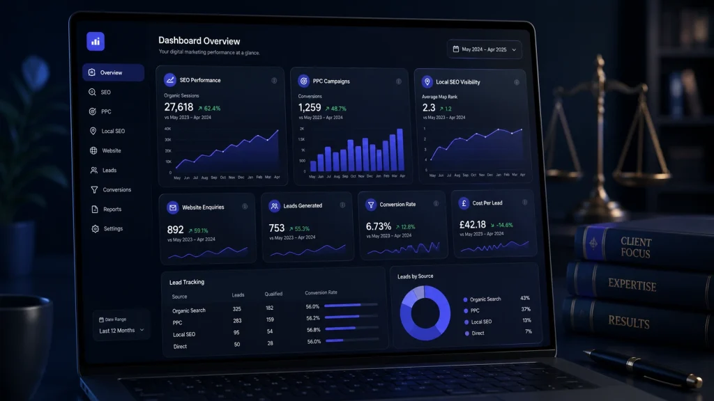 Digital marketing dashboard for UK law firms showing SEO, PPC, local search, website enquiries and lead tracking