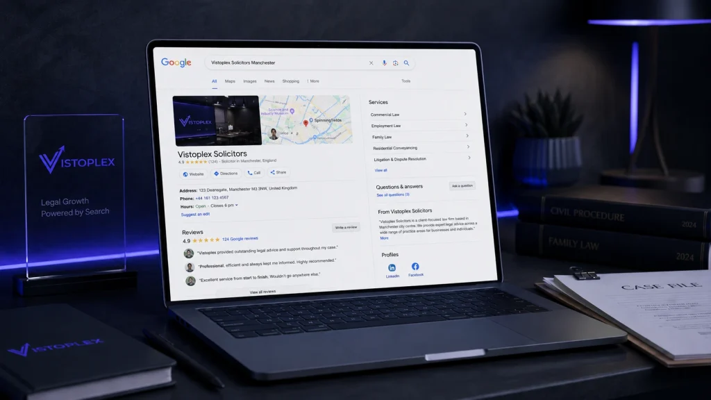 Google Business Profile for a law firm showing reviews, opening hours, services and contact options