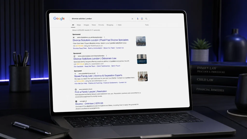 Google search ads for law firms appearing above organic search results