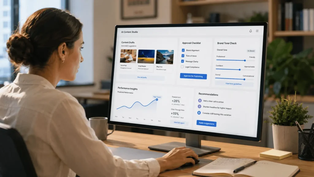 Human reviewing AI-generated creative workflow before publishing