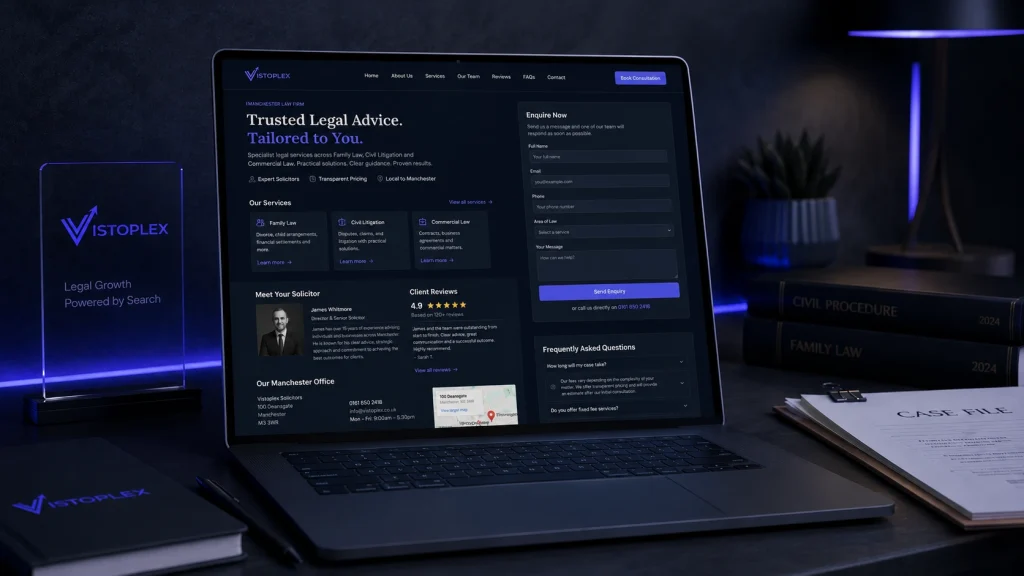 Law firm local landing page showing services, solicitor profiles, reviews, FAQs and enquiry form