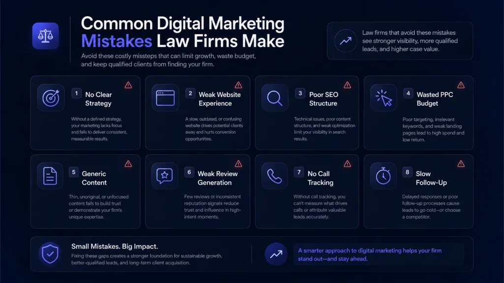 Common digital marketing mistakes law firms make including poor strategy, weak SEO, wasted PPC and lack of tracking
