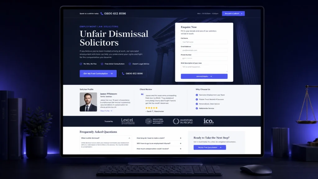 PPC landing page for a law firm showing service details, solicitor profiles, reviews and enquiry form