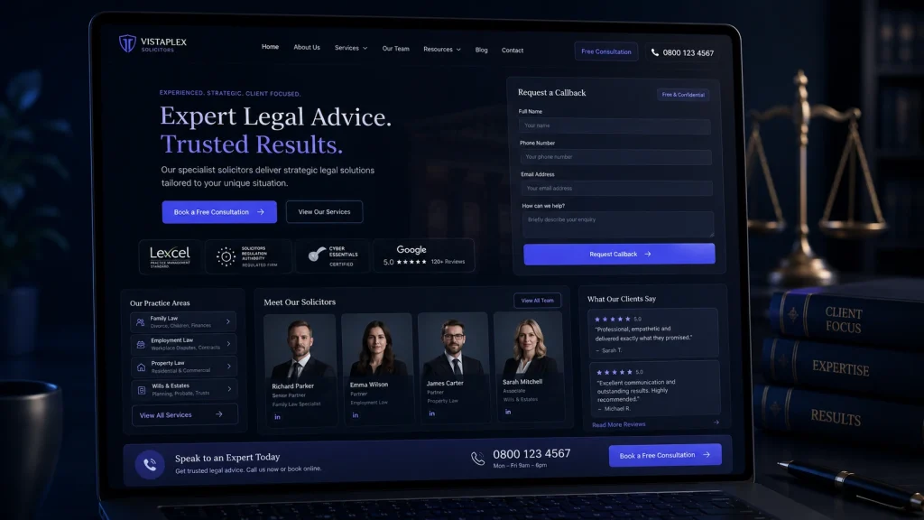 Law firm website design concept showing trust signals, clear calls to action and enquiry-focused layout