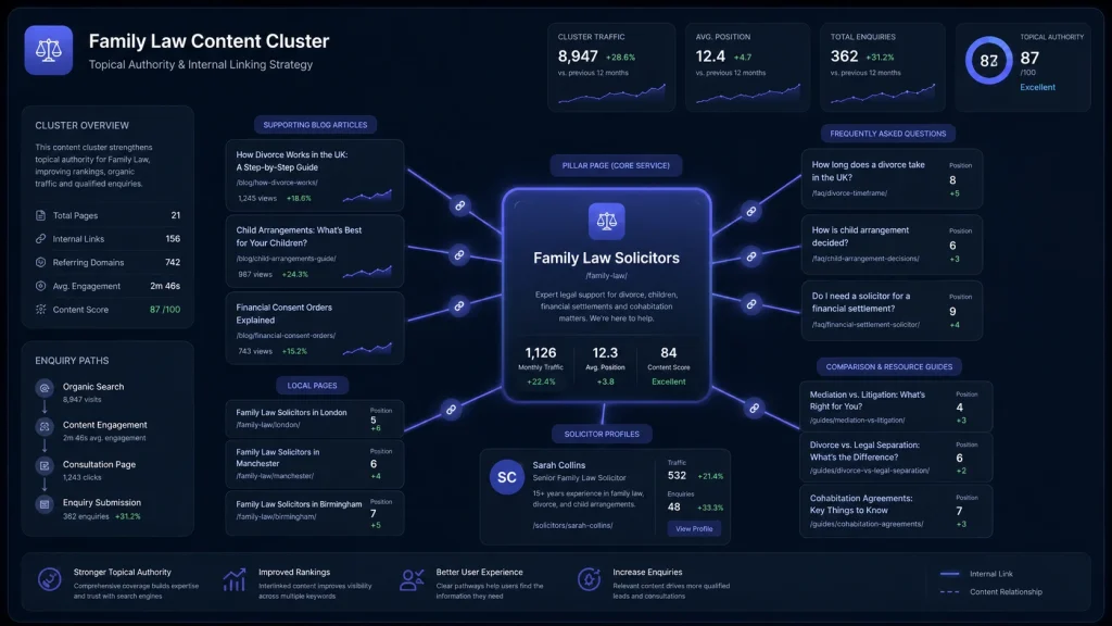 Legal SEO content cluster showing service pages, blogs, FAQs and internal links for law firms