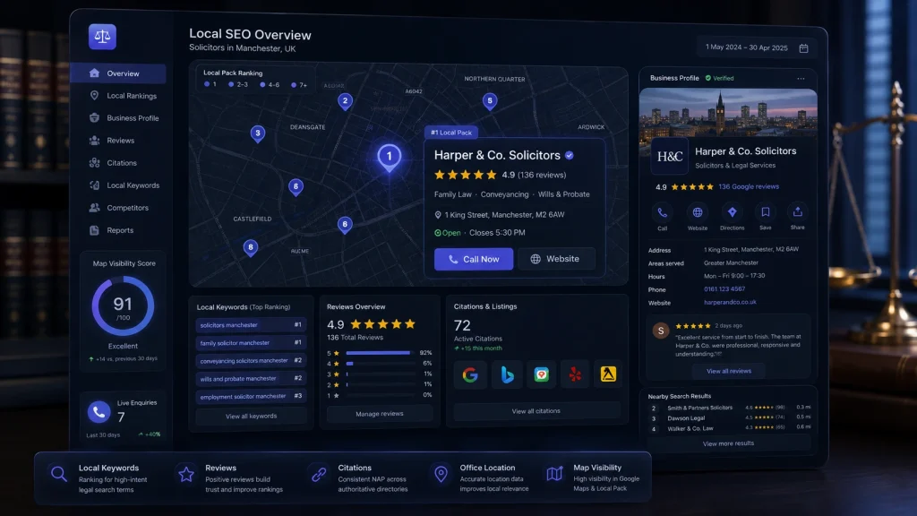 Local SEO for law firms showing map rankings, Google Business Profile, reviews and local solicitor searches