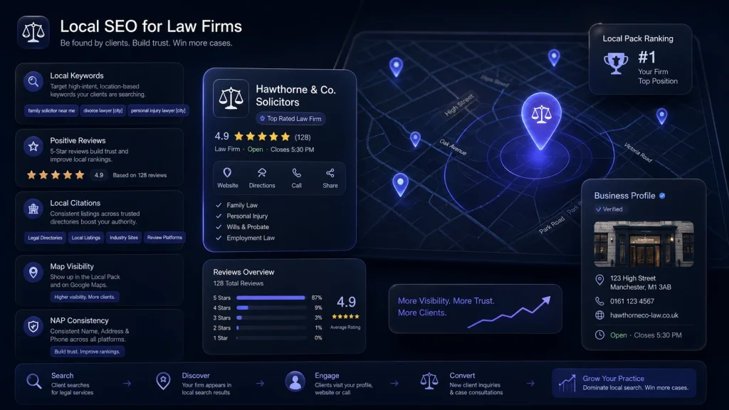 Local SEO for law firms showing Google Business Profile, reviews, local keywords and map visibility