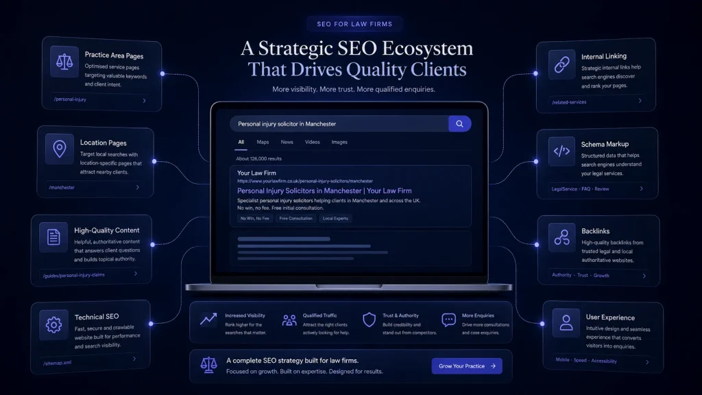 SEO strategy diagram for law firms showing content, technical SEO, schema, backlinks and user experience