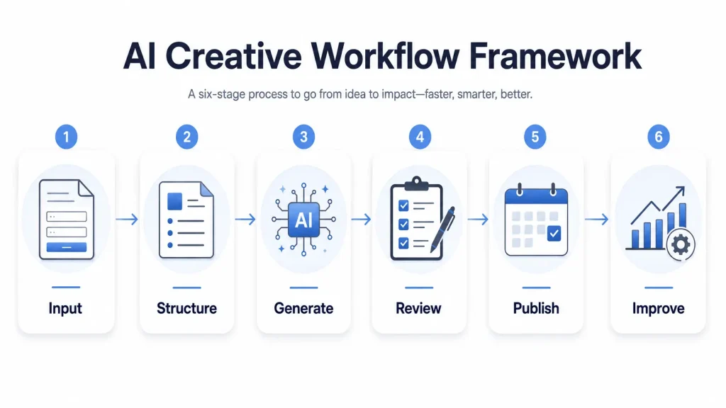 Vistoplex AI creative workflow framework showing input, structure, generate, review, publish and improve